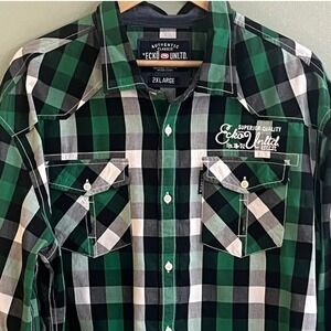 Ecko Unltd Graphic Division Varsity Green Check‎ Western Long Sleeve Shirt 2XL